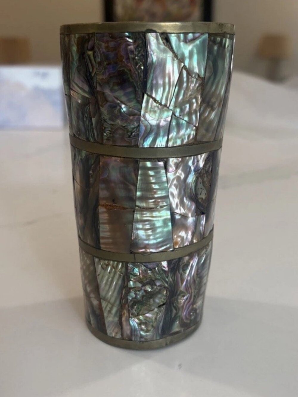 Brass, Silver and Abalone Shell Tumbler By Villa, Taxco 925 Stamped Vintage 5.5”